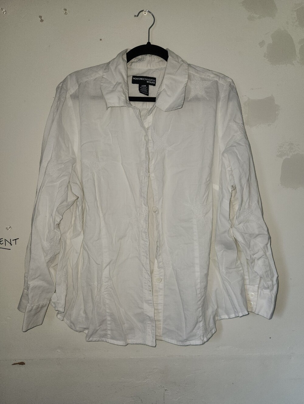 Vintage Norton McNaughton White Long Sleeve Button Front Top W Star Pattern 20W